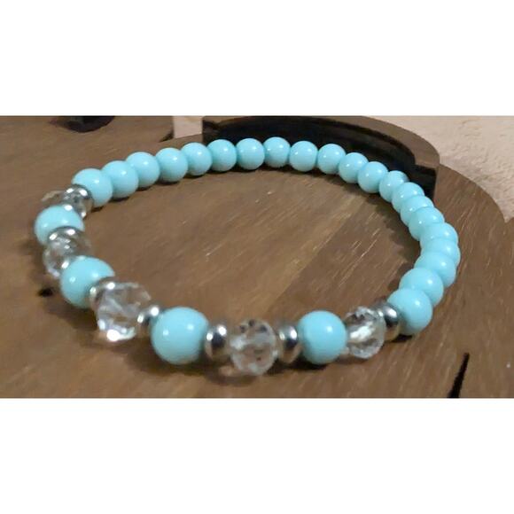 BUNDLE ONLY New Small Beads Beaded Bracelet Stretch Clear Teal SilverTone - Picture 2 of 3